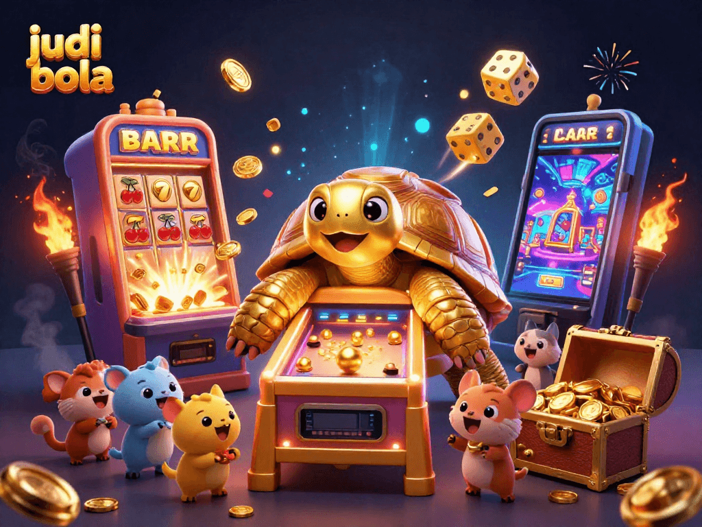 Join the excitement of judi bola with a colossal tortoise pinball machine surrounded by dynamic casino elements.