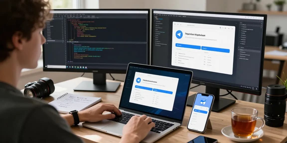 Using Telegram Chinese interface on laptop and smartphone in a modern workspace.