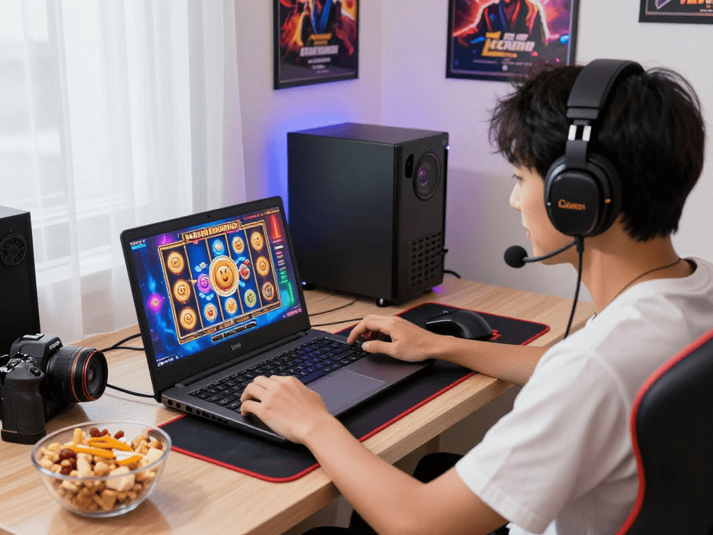 Exciting player engaged in online gaming session of bandar slot gacor with vibrant graphics in cozy environment.