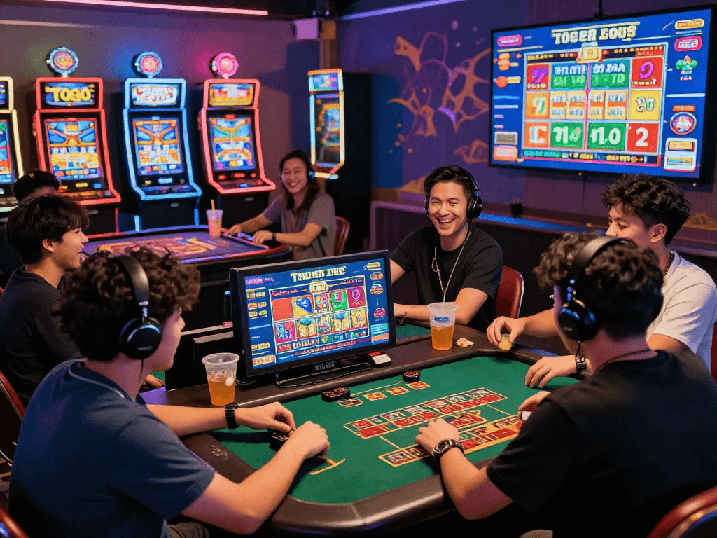 Engaged players enjoying togel 4D games in a lively online casino atmosphere.