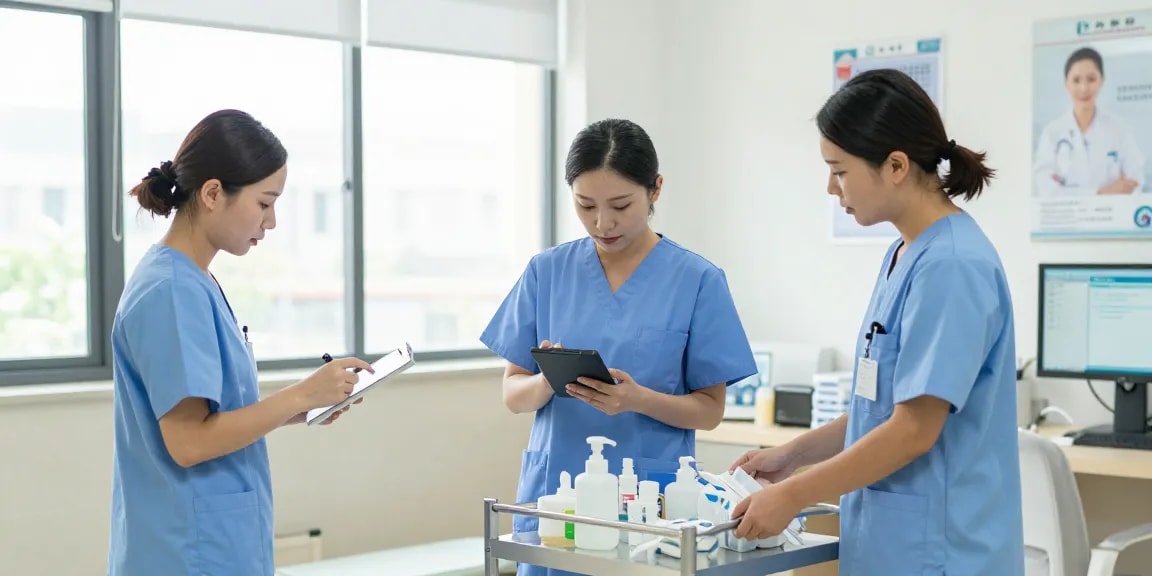 Busy nurses in scrubs and nursing supplies working together in a bright, supportive healthcare environment.