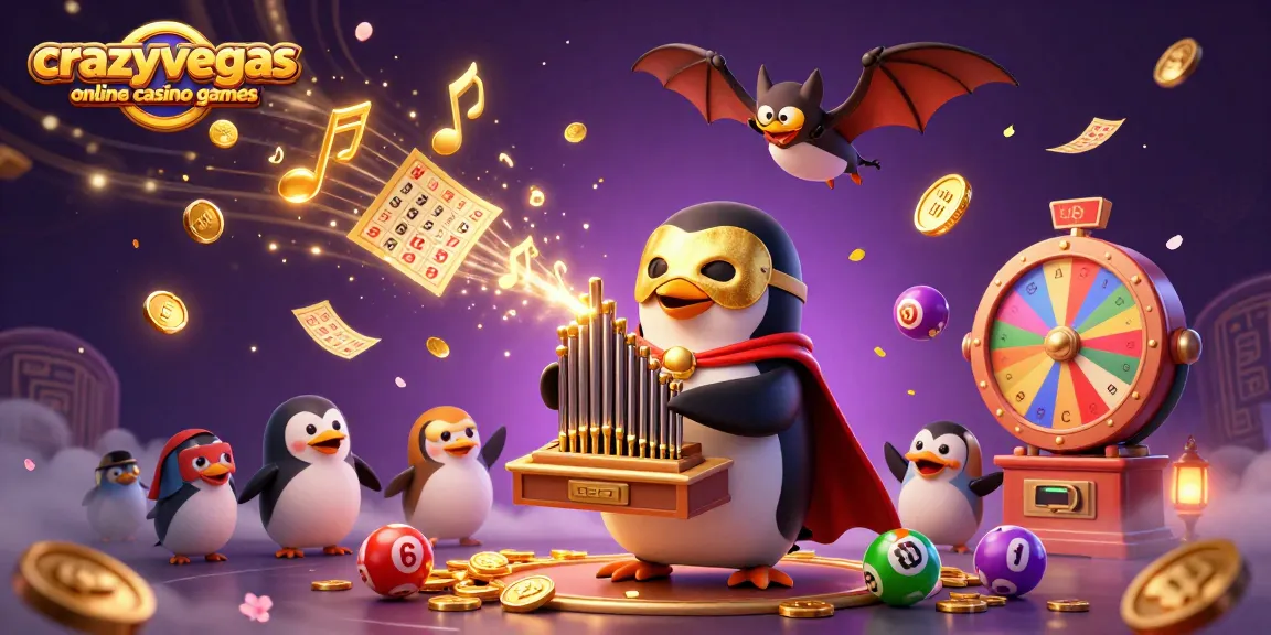 Experience fun with crazyvegas online casino games, featuring dynamic penguin organist and vibrant lottery elements.