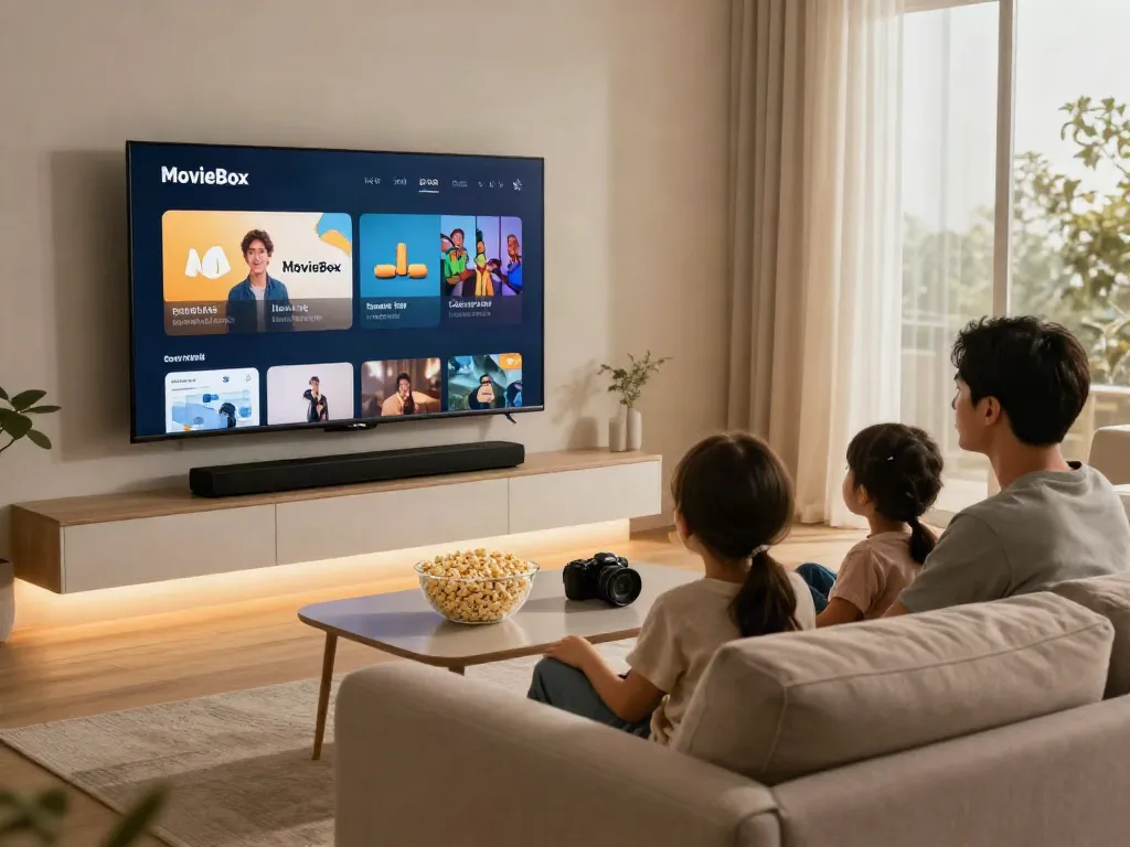 Family enjoying a movie night using the Movie Box app on a smart TV with cozy living room setup.