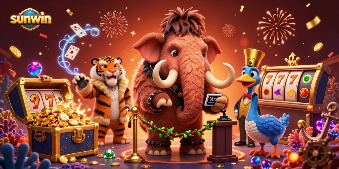 Experience the excitement of sunwin with a vibrant 3D casino scene featuring a woolly mammoth bouncer and a saber-tooth tiger VIP.