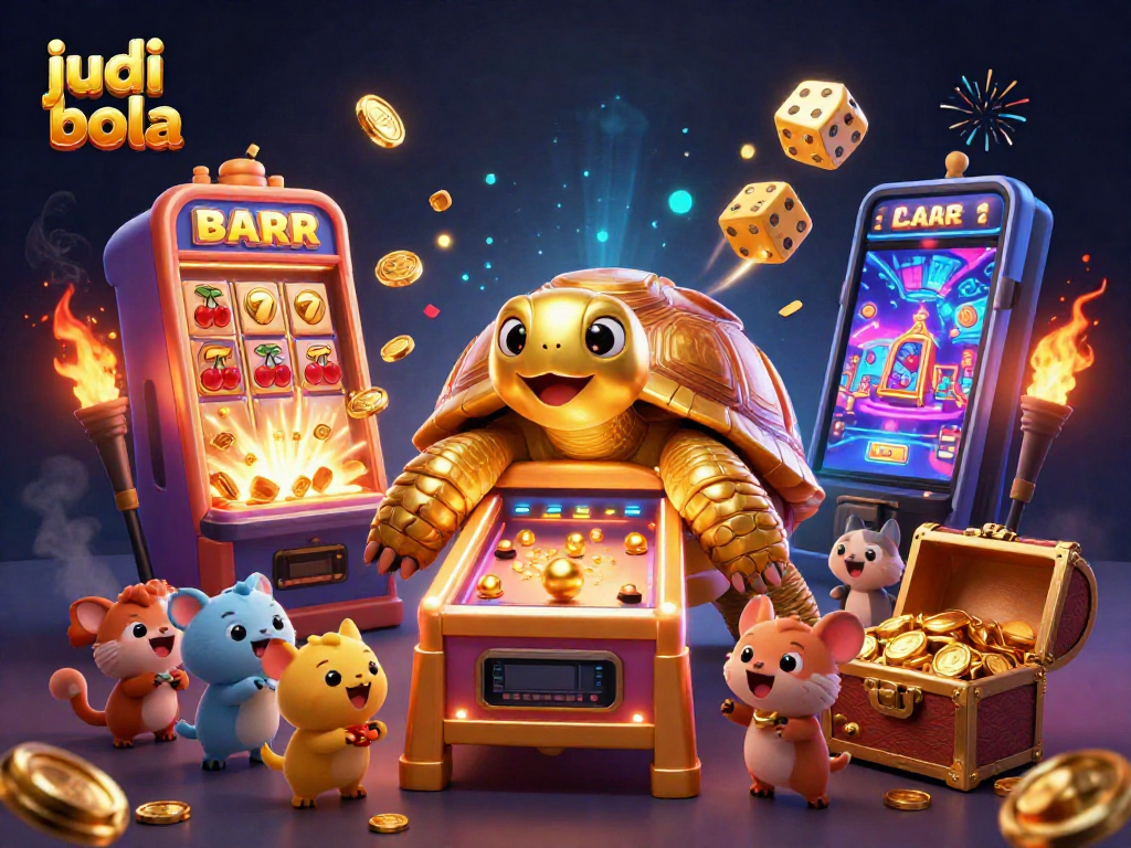 Join the excitement of judi bola with a colossal tortoise pinball machine surrounded by dynamic casino elements.