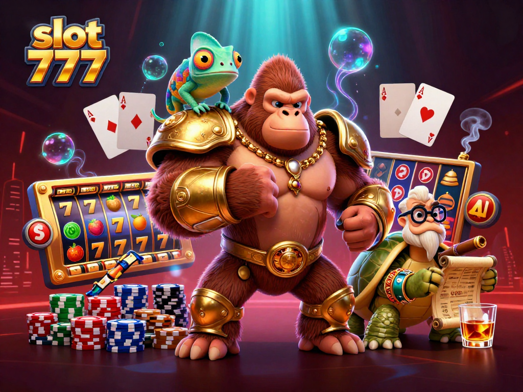 Experience slot 777 action with the gorilla king, chameleon spy, and tortoise elder amidst dynamic gaming elements.