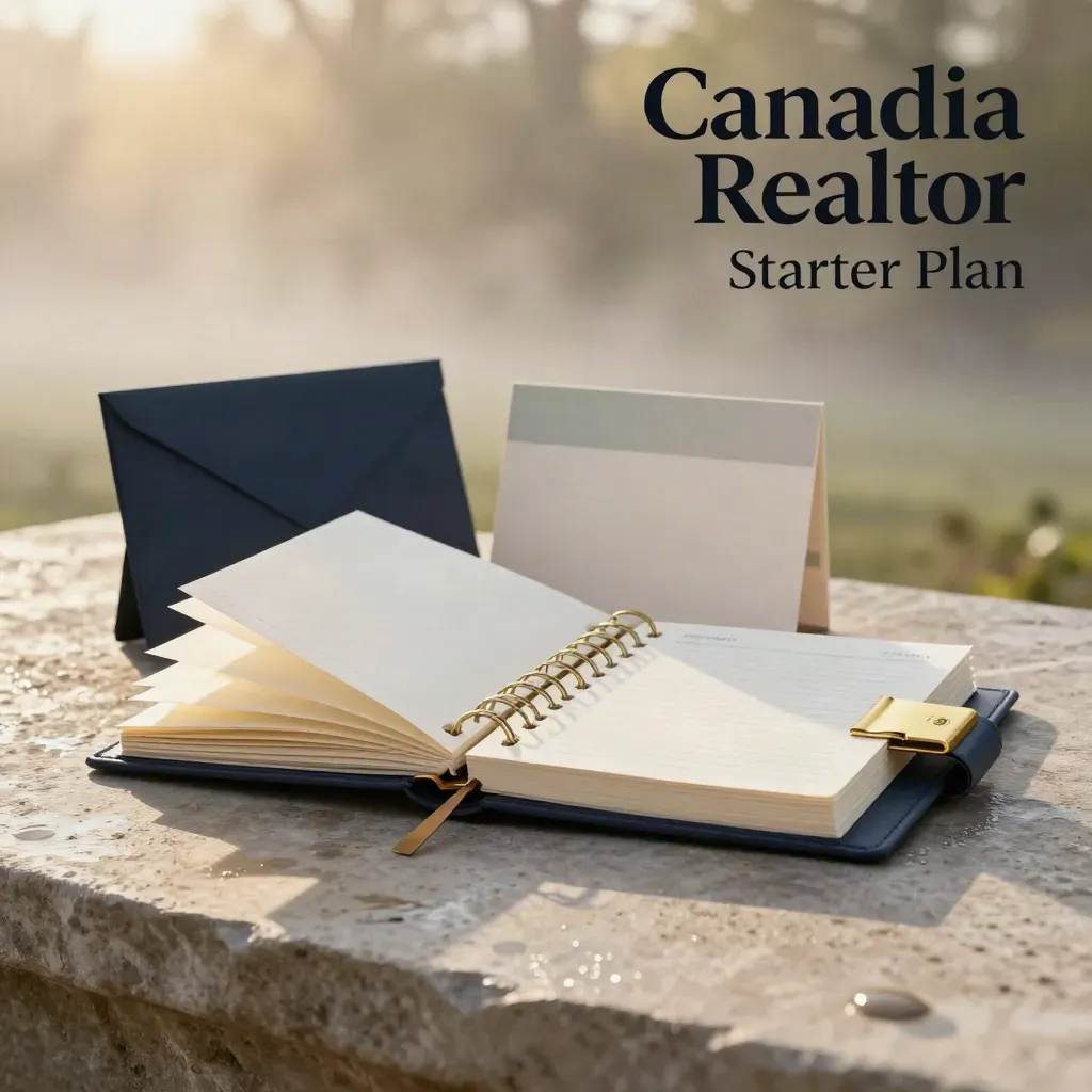 Unbranded realtor planner set on rain-damp stone with tabs, sleeve, and brass clip in dawn light