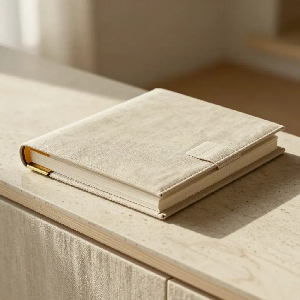 CRM workflow binder nestled in linen beside a slim card deck on travertine