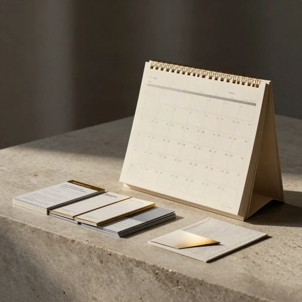 Annual marketing plan kit with calendar stack, campaign cards and folded folio on pale stone.