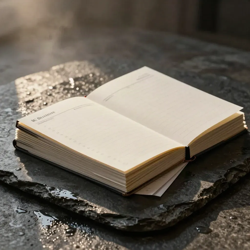 Wet planner stack for open house schedules on glossy stone, lit dramatically from upper left.