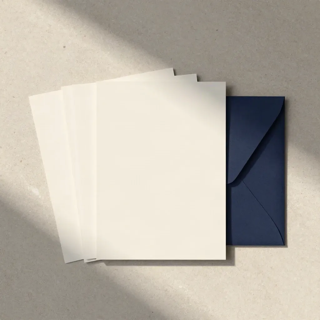 Overhead flatlay of a lead funnel planning folio with stepped cards on pale stone.