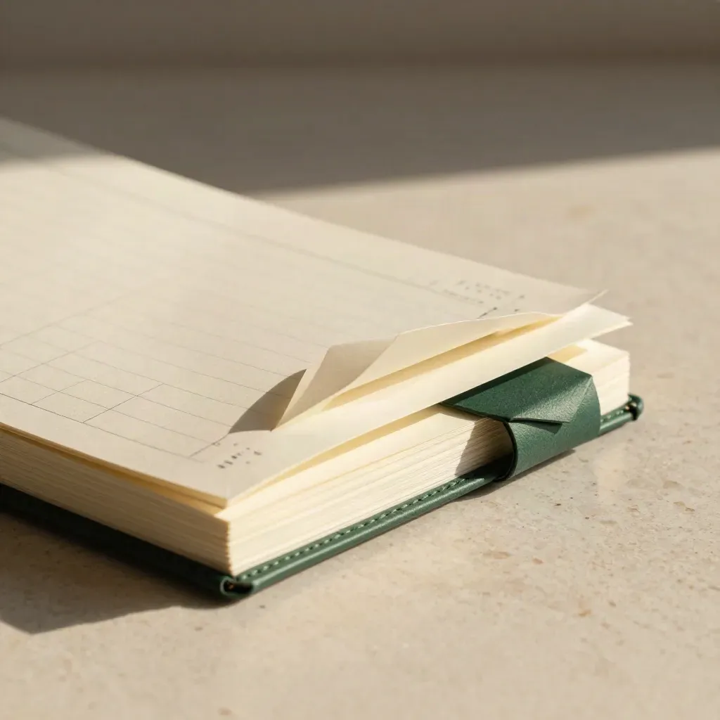 Macro workbook stack with forest-green card on travertine, lit hard from upper left.