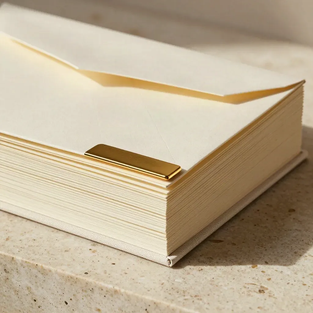 Macro of a luxury listing launch kit binder with gold-edged cards on travertine.