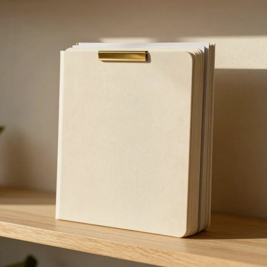 Cream dashboard boards with gold clip on pale oak in soft daylight
