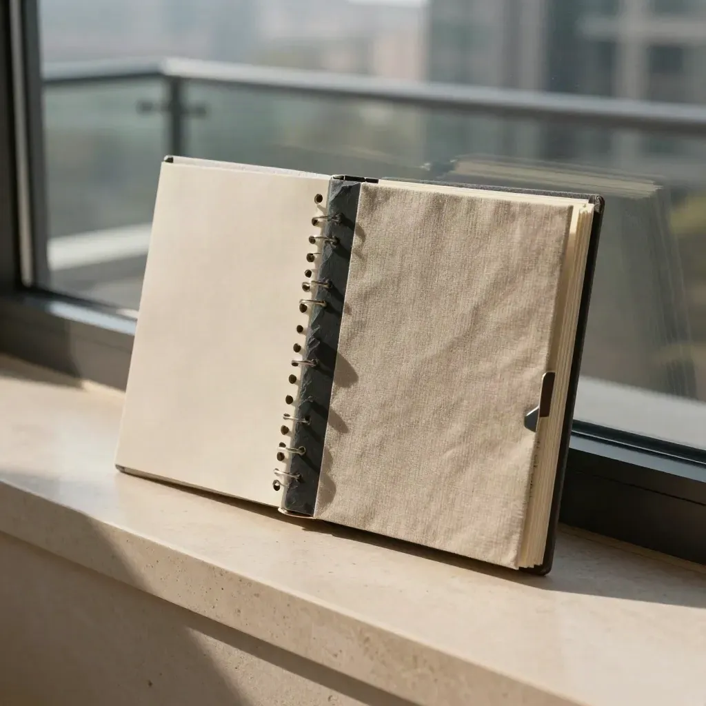 Condo seller planning bundle on a stone windowsill with city haze and slate-toned cards