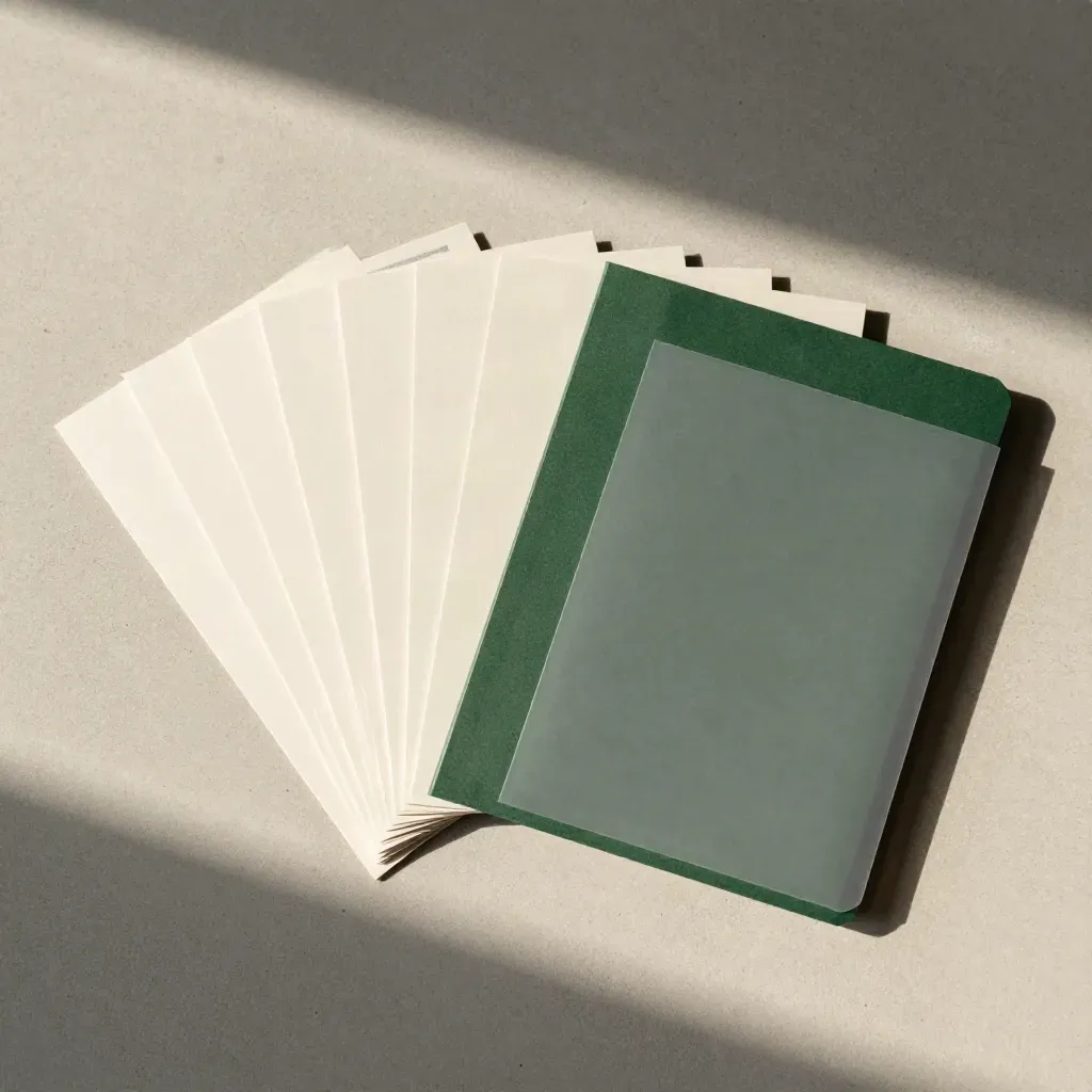 Overhead flatlay of follow-up message cards, a tabbed folder and sleeve on concrete.