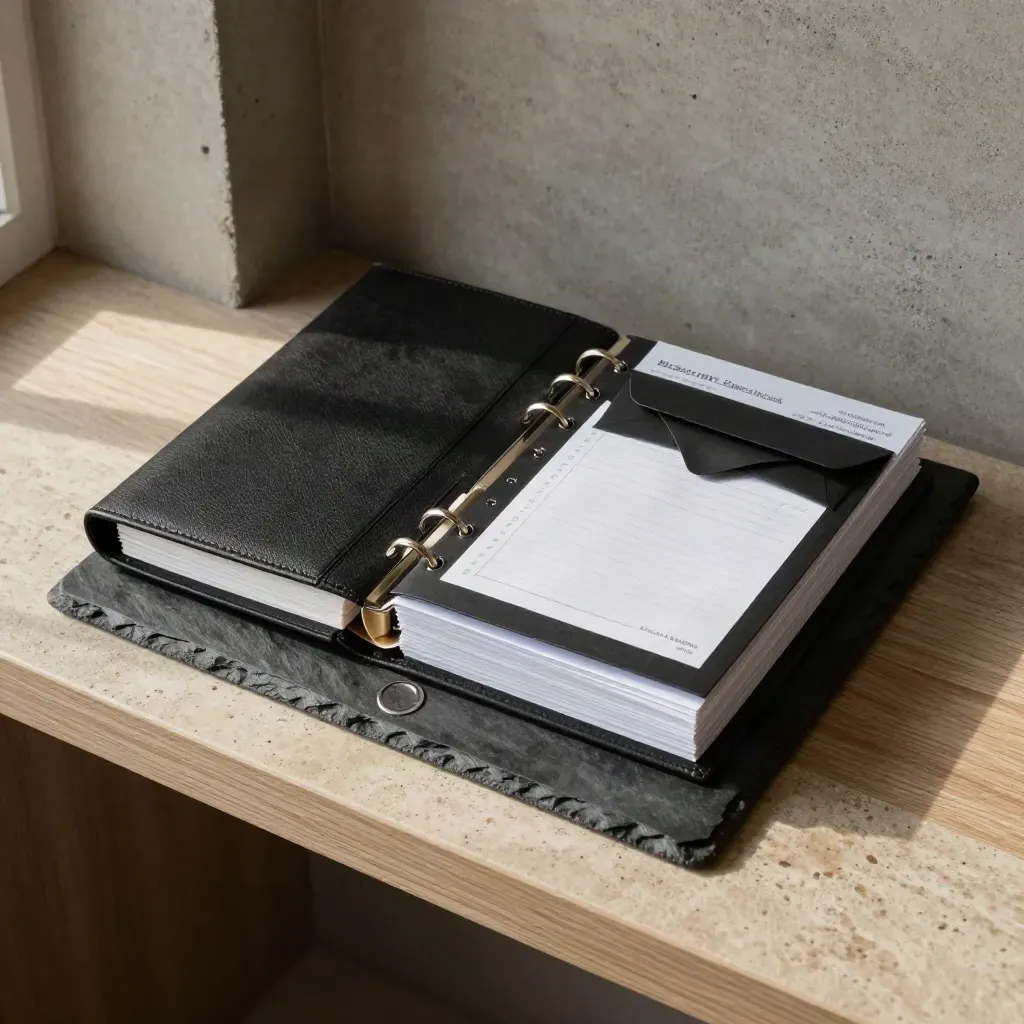 Matte black CRM workflow kit with tabs and sleeves on limestone by window light.