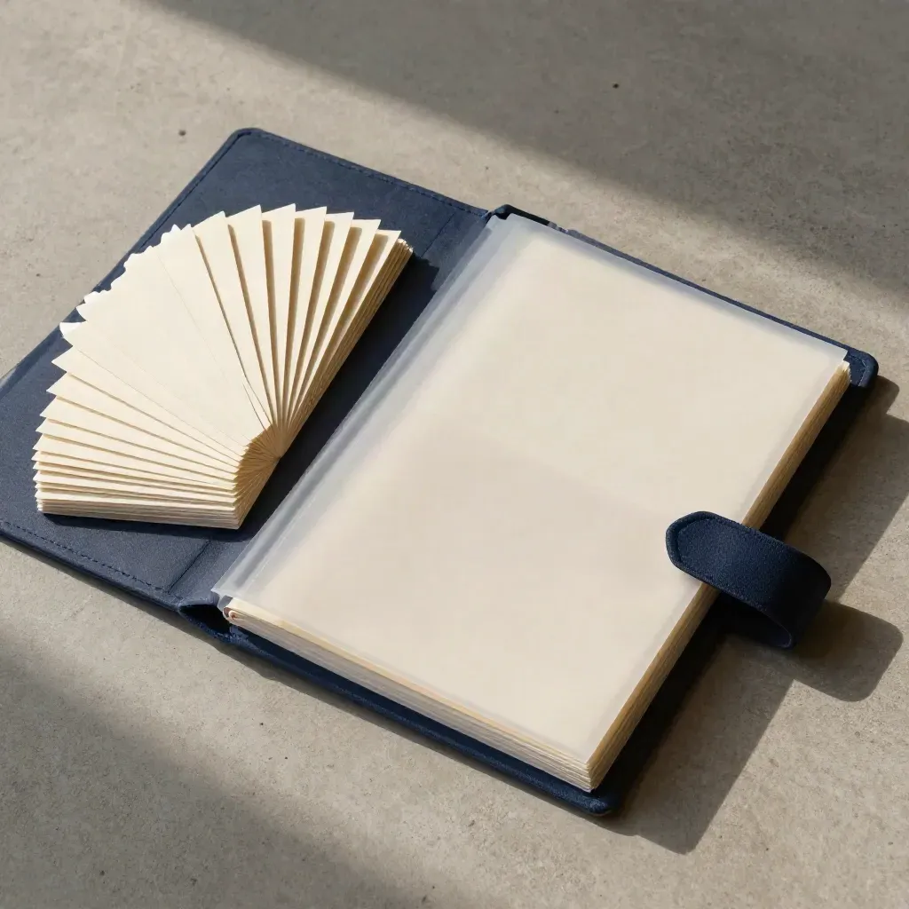 Overhead flatlay of a binder, cue cards, sleeve and ribbon tab on concrete.