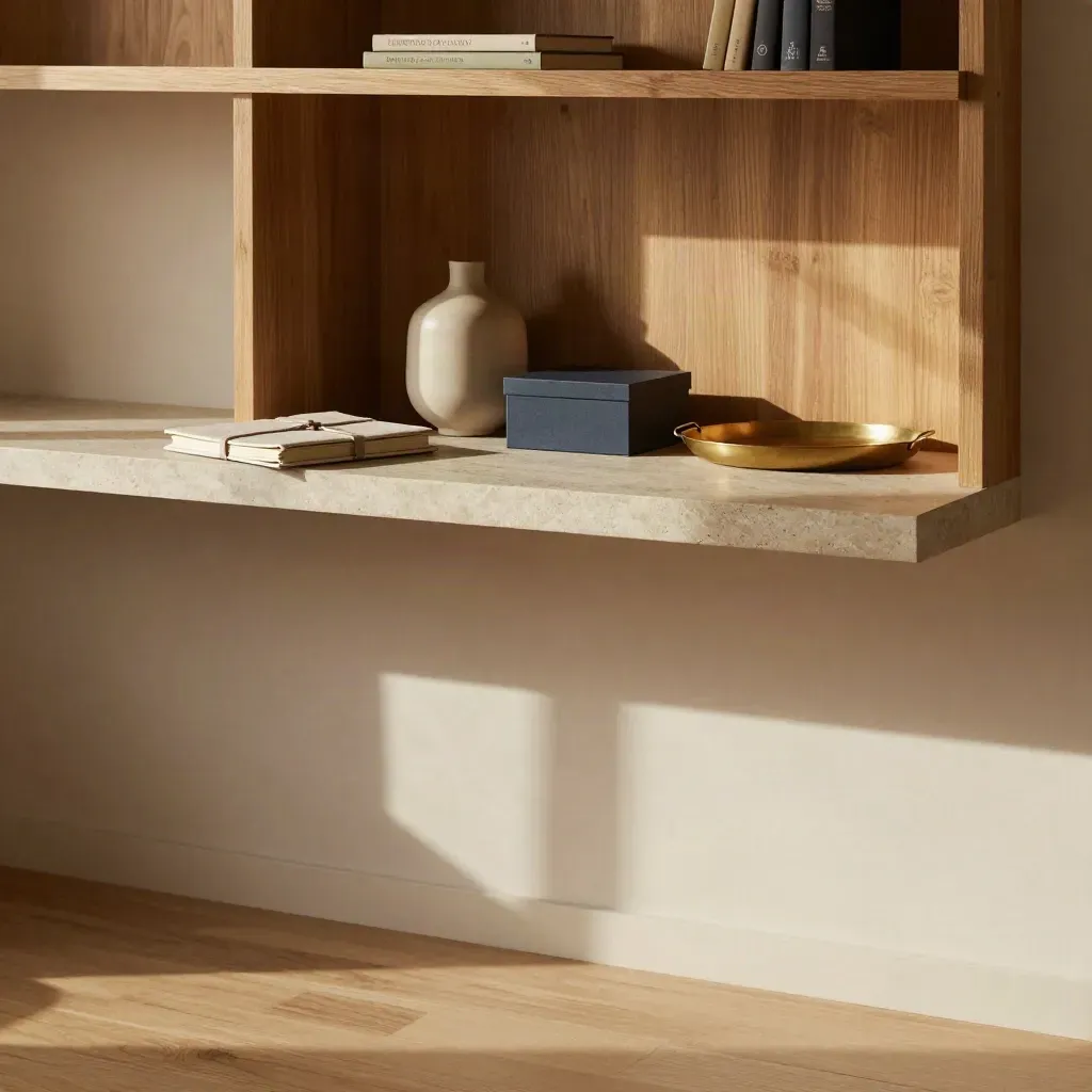 Sunlit home-office nook with oak shelves, stone counter, vase, and notebook.