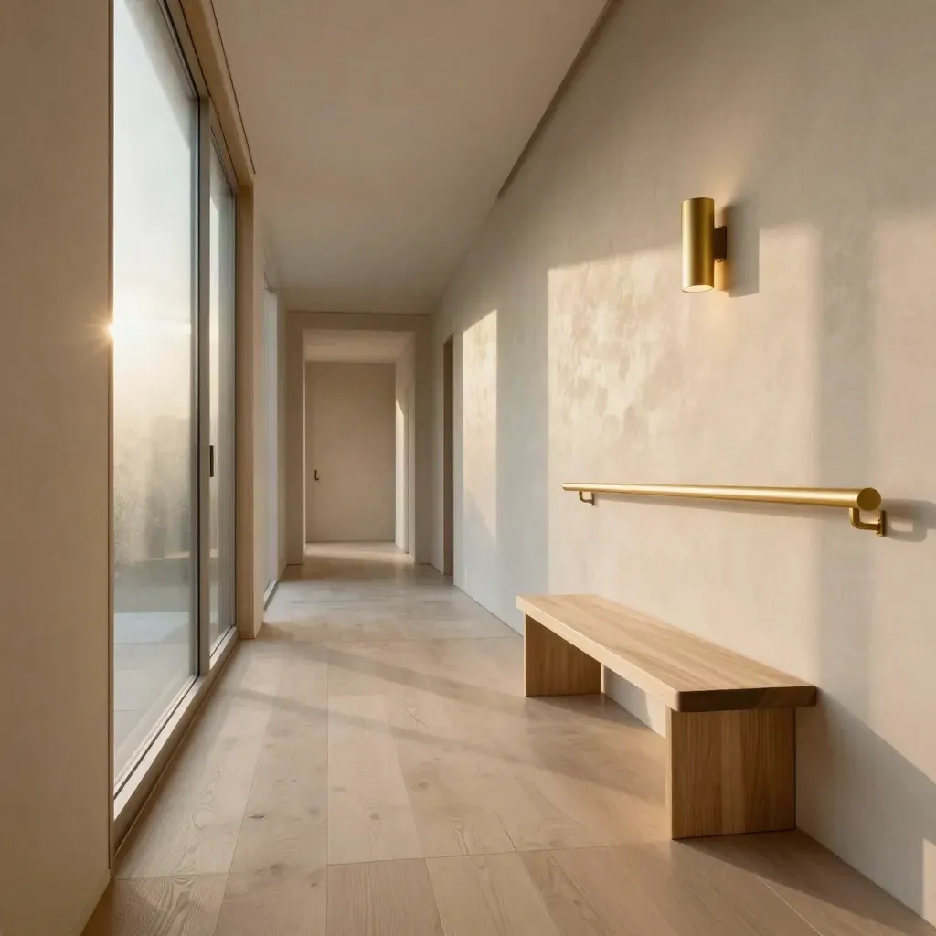 Sunlit modern corridor of plaster, glass and pale wood with calm floor space for copy.