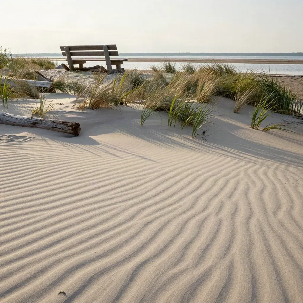 Sunlit coastal shoreline with reeds, sand, and a weathered cedar bench under soft haze.
