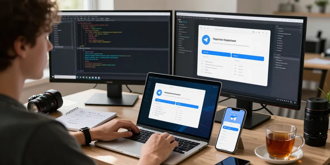 Using Telegram Chinese interface on laptop and smartphone in a modern workspace.