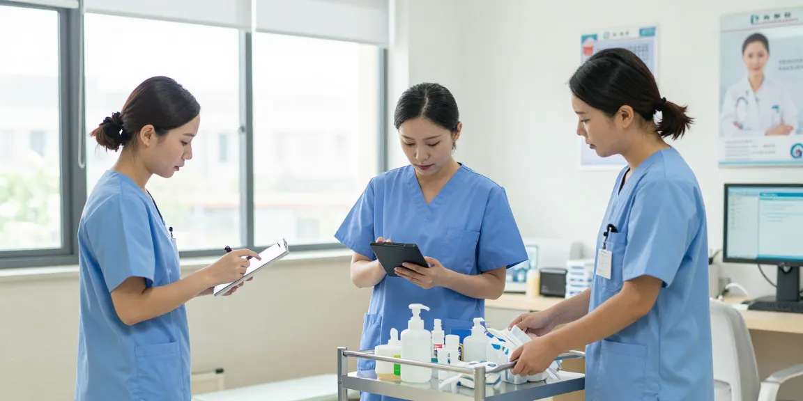 Busy nurses in scrubs and nursing supplies working together in a bright, supportive healthcare environment.