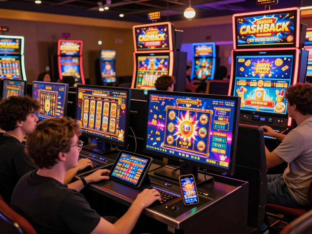 Excited players enjoying online slot games featuring bonus cashback slot offers and colorful promotions.
