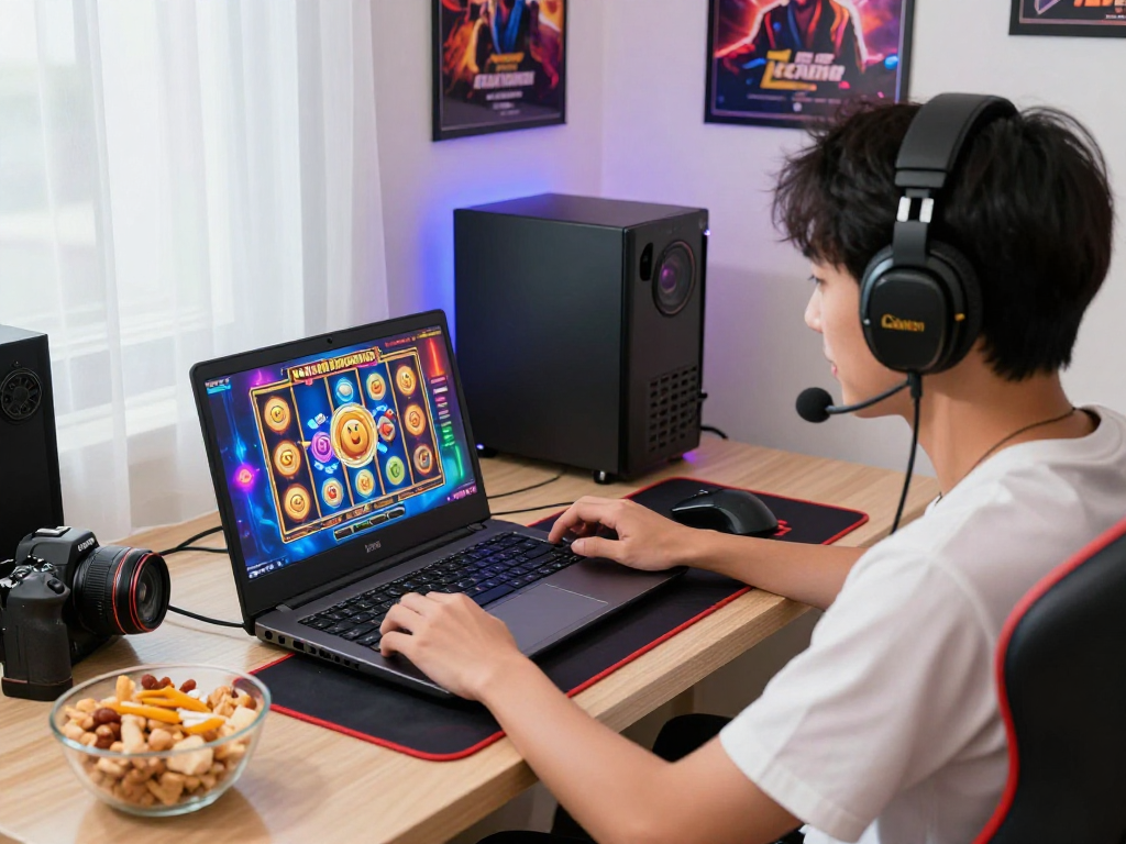 Exciting player engaged in online gaming session of bandar slot gacor with vibrant graphics in cozy environment.
