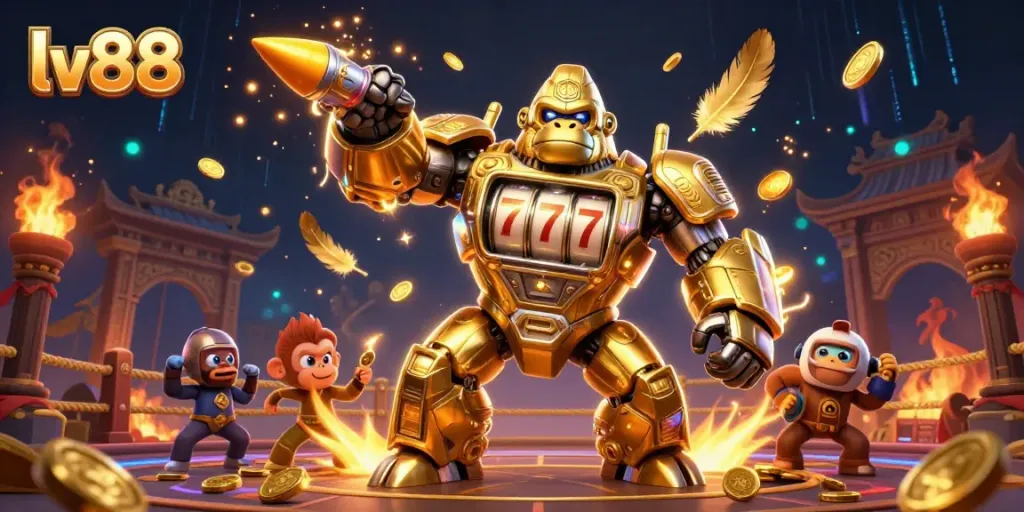 Experience the thrill of lv88 with a dynamic 3D gorilla mech celebrating big wins in an electrifying casino atmosphere.