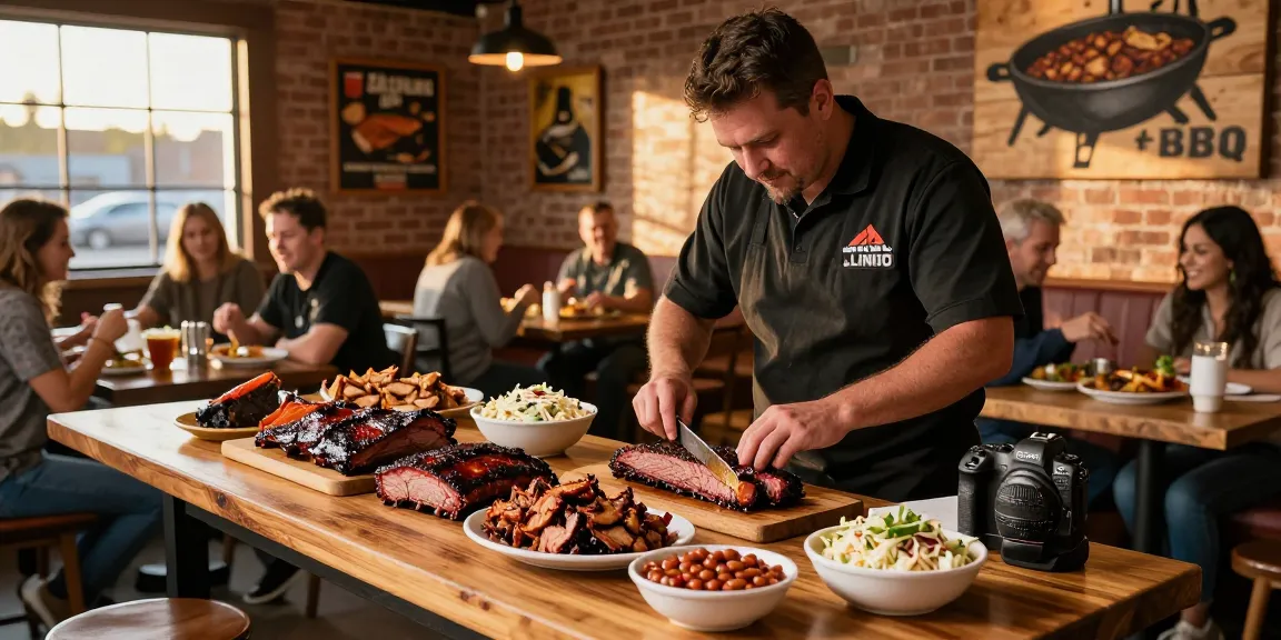 Indulging in delicious BBQ at a barbecue restaurant Alberta featuring tender brisket, smoked ribs, and vibrant sides in a warm setting.