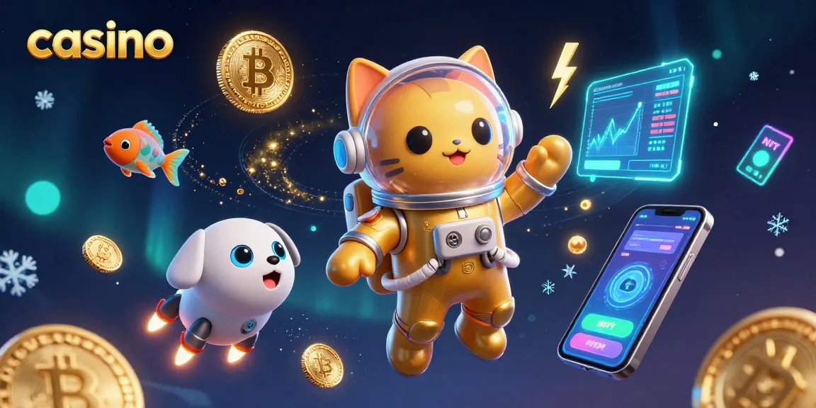 Experience an exciting casino scene with a floating astronaut cat and robot dog among vibrant crypto elements.